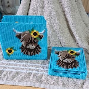 Handcrafted Highland Cow Kids Accessory Set - Blue and Brown
